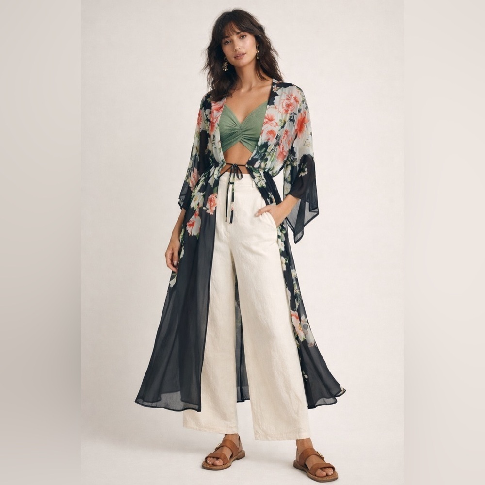 Floreat Anthropologie full length open tie front kimono black with floral print.